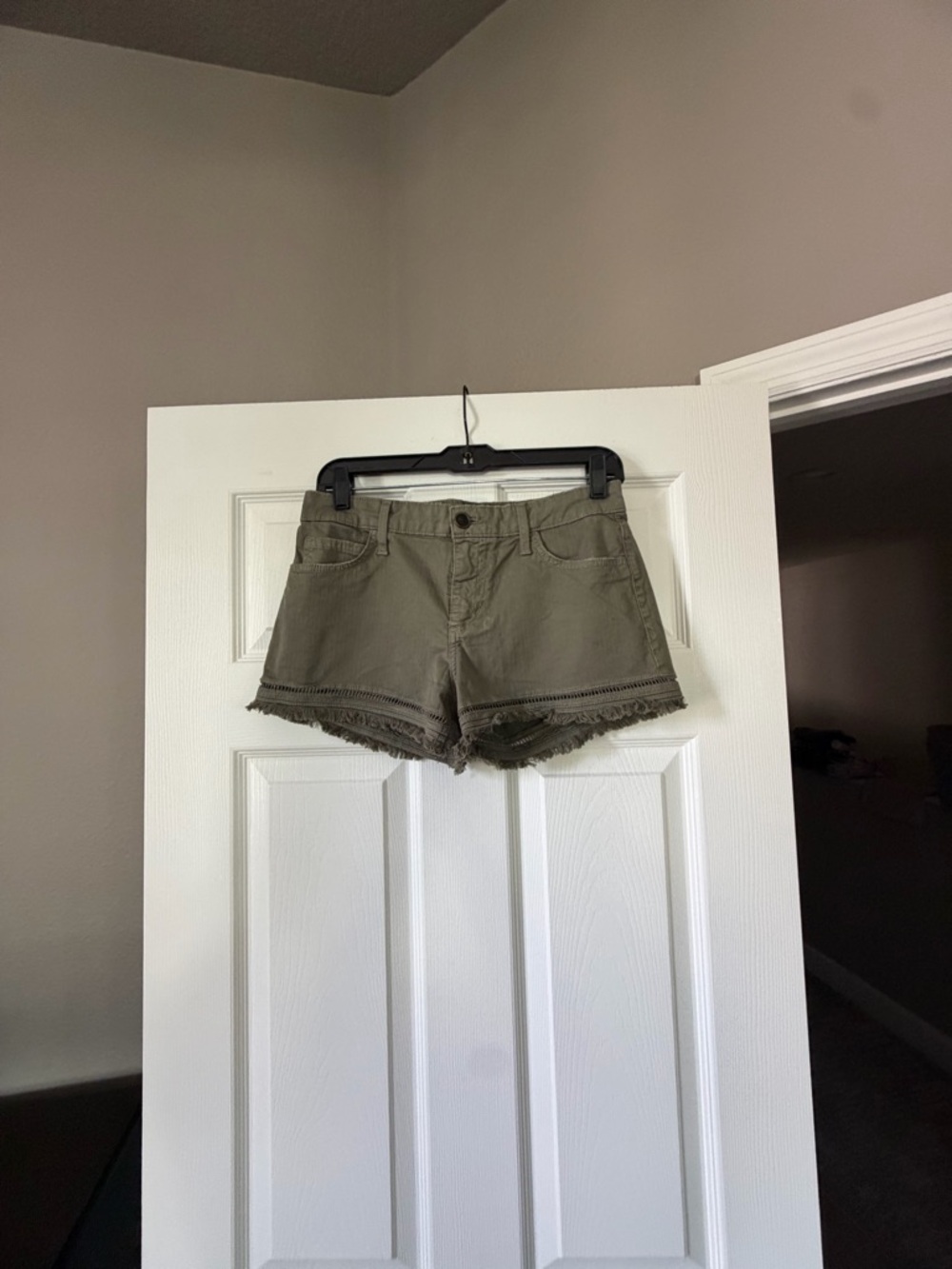 Sundry Olive Fringe Hem Jean Shorts